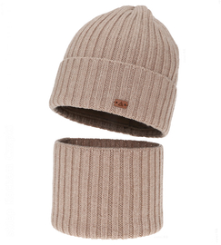 Czapka i komin dla chłopca, zimowy komplet, 100% wełniany merino, Buerto, beżowy, 55-57 cm