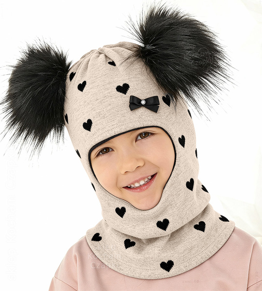 Kominiarka zimowa z dwoma pomponami dla dziewczynki, Gizelda, beżowa, 49-53 cm 