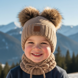 Czapka i komin dla chłopca, wełniany komplet 100% merino, Noovik, kamel, 48-50 cm