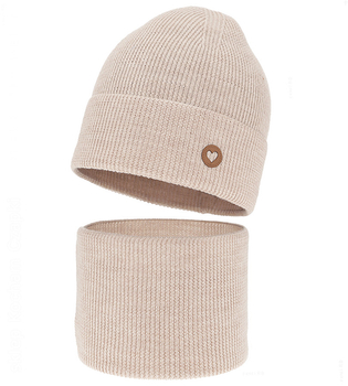 Czapka i komin dla dziewczynki, jesienny/wiosenny komplet wełniany, 100% merino, Corrie, beżowy jasny, 52-54 cm