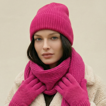Czapka, szalik, rękawiczki z wełny merino i kaszmiru, komplet damski, różowy, 55-58 cm