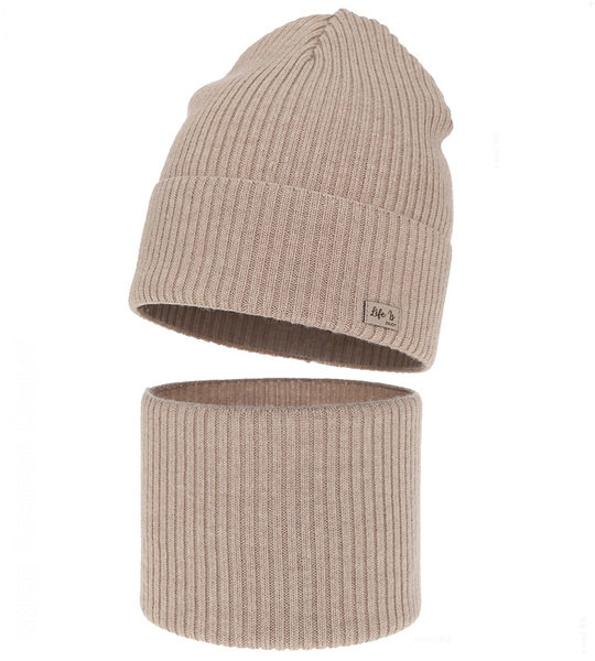 Czapka i komin dla dziewczynki, jesienny/wiosenny komplet, 100% wełna merino, Artiia, beżowy, 52-54 cm