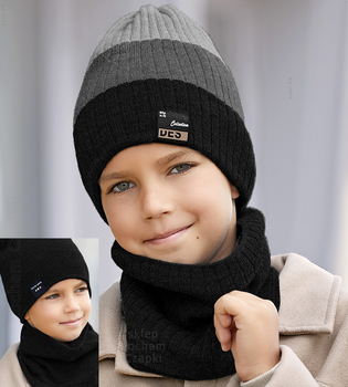 Zimowa czapka i komin, sportowy komplet dla chłopca, Desuno, dwustronny, czarny + szary, 54-60 cm