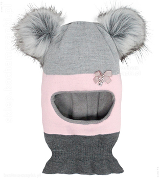 Czapka kominiarka dla dziewczynki, dwa pompony, szary+róż, Kajsa, 46-49 cm