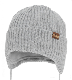 Czapka zimowa, niemowlęca, z wełną merino, wiązana, Saripn, szary (07), 36-38 cm