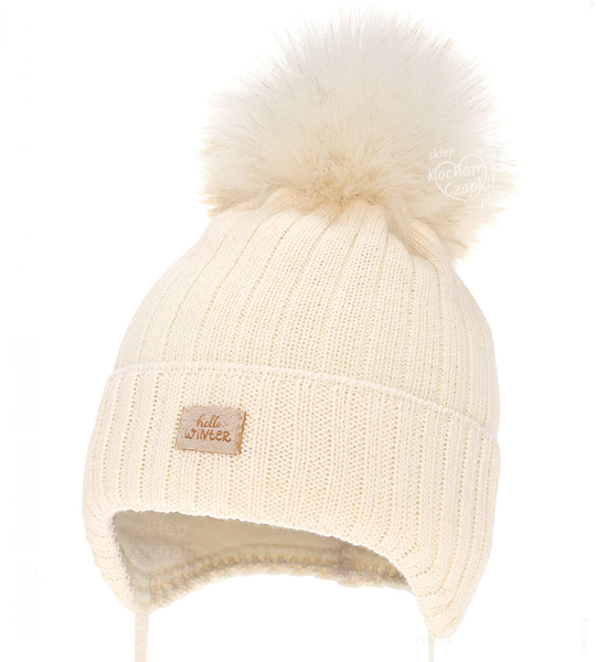 Czapka niemowlęca na zimę dla dziewczynki, merino, Sabma, kremowa, 38-40 cm