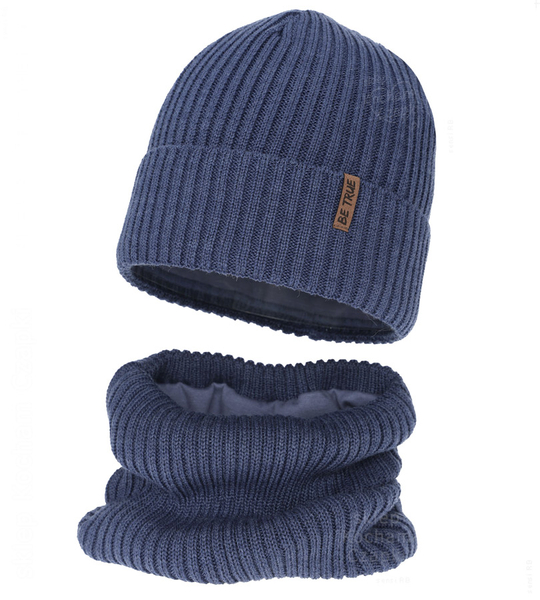 Czapka i komin dla chłopca, z wełną merino, Locton, niebieski (07), 50-52 cm