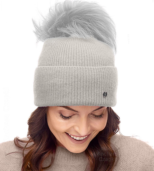  Czapka Damska z Wełny Merino i Kaszmiru z Pomponem z Jenota, Cavilla, szara, 55-57 cm