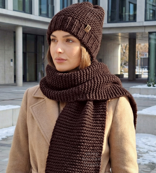 Czapka z polarem i długi szal, zimowy komplet, brązowy (2), Gisele, rozm. 55-57 cm