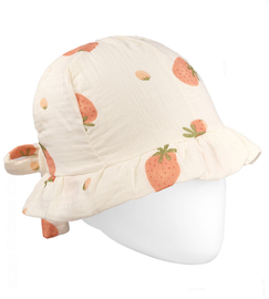 Kapelusz muślinowy dla dziewczynki, kremowy truskawki, KP01,  regulowany obwód  46-53 cm