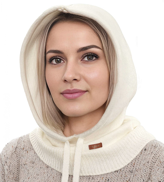 Komin z kapturem damski, kominiarka/kaptur zimowy, Beliza, merino 17%, kremowa, 55-62 cm