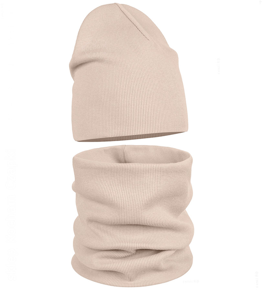 Czapka i komin damski, komplet jesienny/wiosenny, Trinida, prążek, beżowy jasny, 55-57 cm
