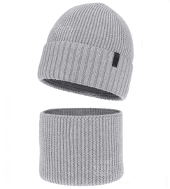 Czapka młodzieżowa i komin dla chłopca z wełny merino 100%, Rahian, szary, 56-58 cm