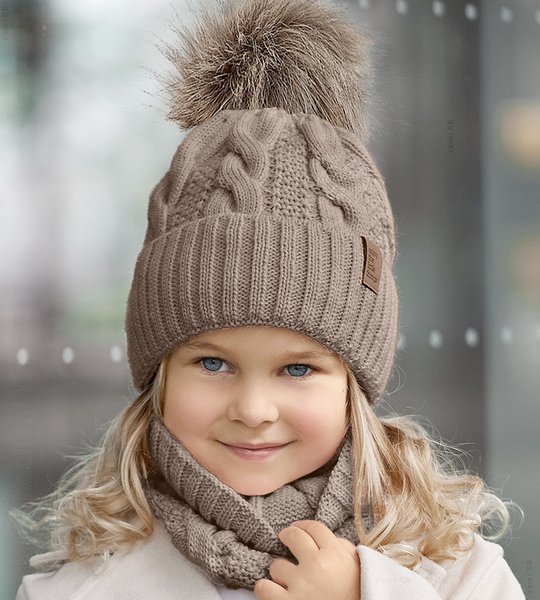 Czapka i komin dla dziewczynki, komplet zimowy, Millva, beżowy, 54-56 cm