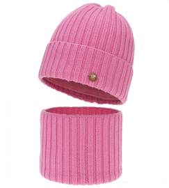 Czapka i komin z wełny merino 100%, komplet zimowy, Navira, różowy, 54-56 cm