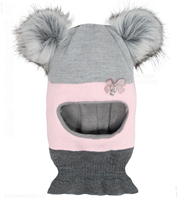 Czapka kominiarka dla dziewczynki, dwa pompony, szary+róż, Kejsa 46-49 cm
