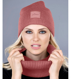 Modny komplet dzianinowy czapka i komin w prążek, Veronika, róż, 56-58