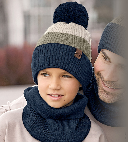 Czapka zimowa z kominem dla chłopca, granat + zielony, grafit + brąz, 53-56 cm