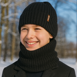 Czapka i komin dla chłopca, na zimę, 100% merino, Mogizzo, czarny, 54-56 cm