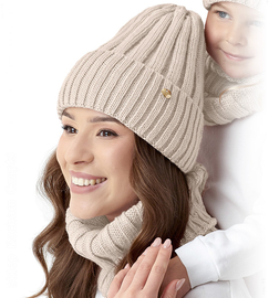 Czapka i komin zimowy, komplet damski, Falka, ciemny beżowy, 56-60 cm