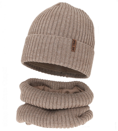 Czapka i komin dla chłopca, z wełną merino, Locton, beżowy (04), 50-52 cm