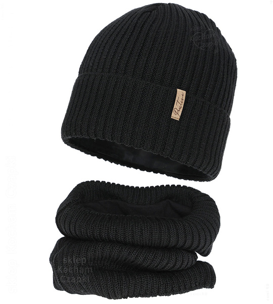 Czapka i komin dla dziewczynki, z wełną merino, Edotie, czarny, 50-52 cm