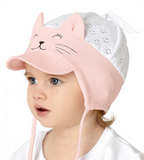 Letnia czapka dla dziewczynki z daszkiem i uszkami kotka, na kucyk, Kiccia,  48-50 cm