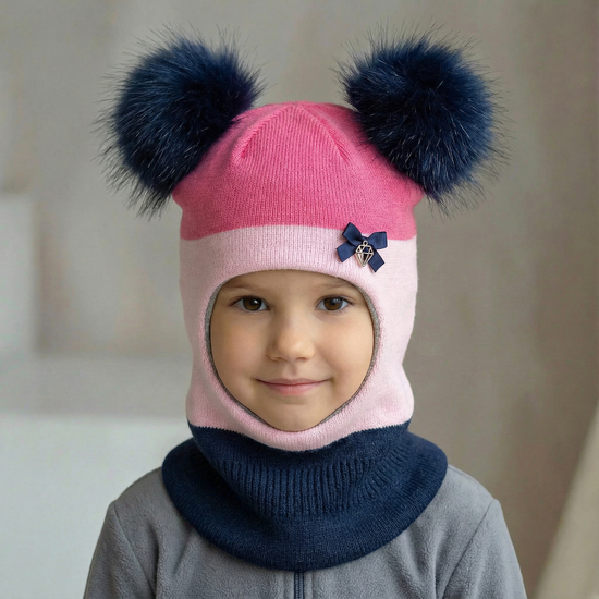Czapka kominiarka  dla dziewczynki, dwa pompony, róż+granat, Kajsa, 46-49 cm 