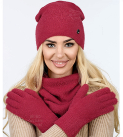 Czapka, komin i rękawiczki, damski komplet zimowy, Bernata, bordowy, 55-60 cm