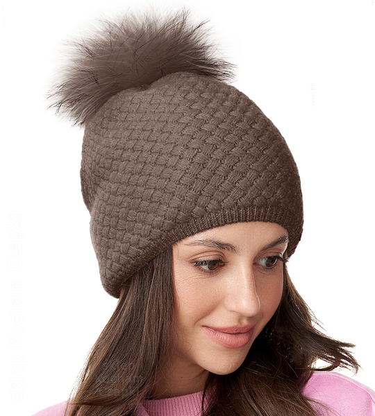  Czapka Damska z Wełny Merino i z Pomponem z Jenota, Makaria, brązowy, 56-60 cm cm
