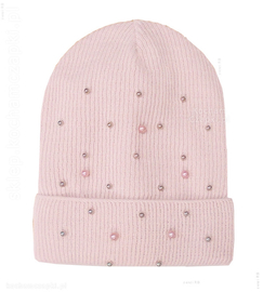 Modna różowa czapka młodzieżowa z perełkami, dzianina w  prążek Teresia  rozm. 54-56 cm