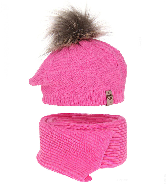 Komplet zimowy dla dziewczynki: beret i szalik, Ilefia, jaskrawy różowy, 50-54 cm