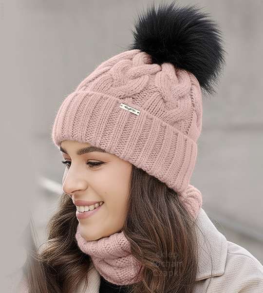 Czapka i komin zimowy, komplet damski, Vitona, brudny róż, 56-58 cm