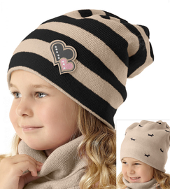 Czapka smerfetka zimowa dla dziewczynki, dwustronna, pieski jamniki, Lusija, kakao, 50-54 cm