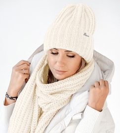 Czapka i szalik damski, modny komplet zimowy, Limda, ecru, 56-59 cm
