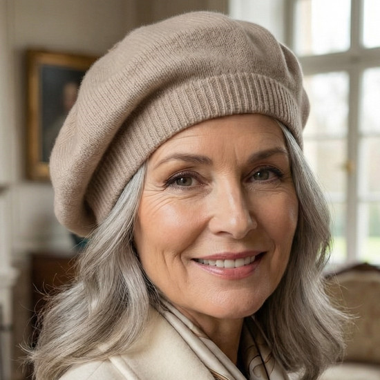 Beret damski z wełny merino i kaszmiru, Sofia, szary, 55-58 cm