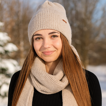 Komplet zimowy damski, czapka i szalik,  z wełną merino, Alyssa, beżowy, 56-60 cm