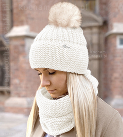 Czapka i komin damski, zimowa z pomponem, Mauricia, biały (1), 55-57  cm