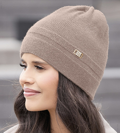 Czapka zimowa damska, elegancka, z wełny 100% merino, Orchidea, kakaowa, 55-57 cm