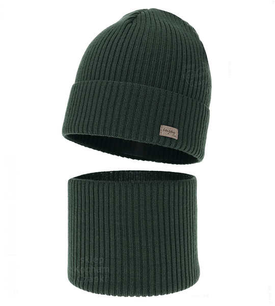 Czapka i komin dla chłopca, jesienny/wiosenny komplet, 100% wełna merino, Tinros, zielony ciemny, 52-54 cm