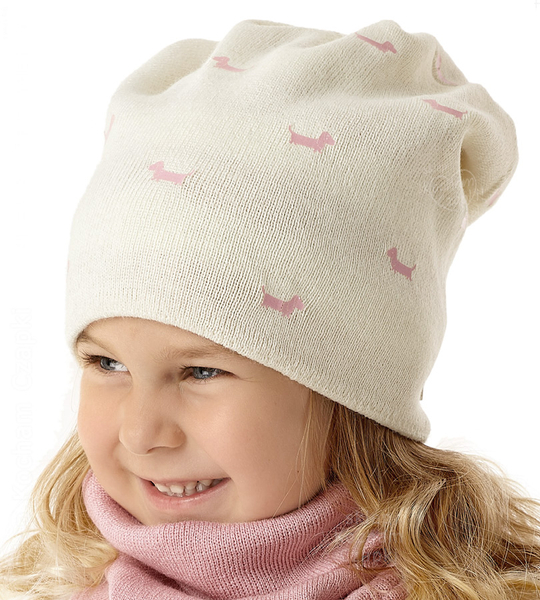 Czapka smerfetka zimowa dla dziewczynki, dwustronna, pieski jamniki, Lusija, 50-54 cm