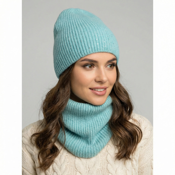 Modna czapka z cyrkoniami i komin w prążek, Xo, turkusowy, 56-58 cm
