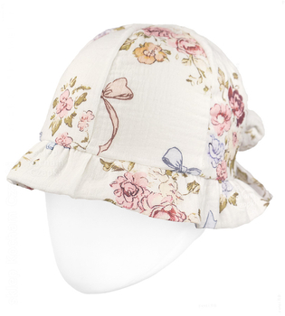Kapelusz muślinowy dla dziewczynki, biały w kwiaty, KP01,  regulowany obwód 46-53 cm