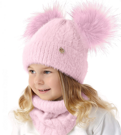 Czapka z dwoma pompoanmi i komin dla dziewczynki na zimę, Merlina, różowy, 47-50 cm