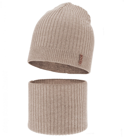 Czapka i komin dla chłopca, jesienny/wiosenny komplet, 100% wełna merino, Shetter, beżowy jasny, 51-53 cm