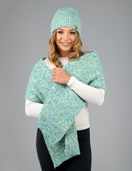 Czapka i komin damski, zimowy komplet, Jymaya, niebieski/ limonka melanż, 55-57 cm