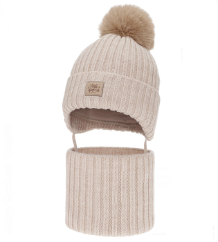 Czapka i komin dla dziewczynki, zimowy komplet, 100% wełniany merino, Lamesia, beżowy, 47-49 cm  