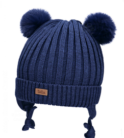 Czapka merino dla dziewczynki, zimowa z pomponami, Kamino, granatowa, 48-51 cm
