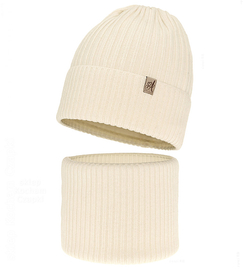 Czapka i komin dla dziewczynki, 100% merino, Temira,  kremowy (05) , 53-56 cm