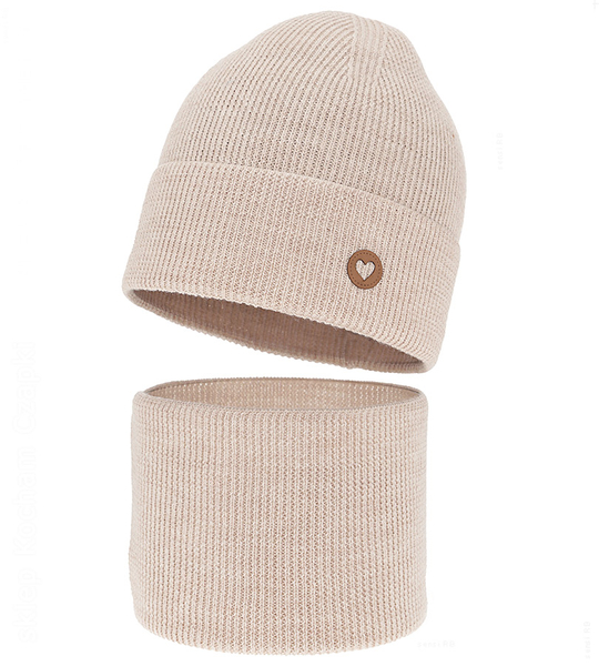 Czapka i komin dla dziewczynki, jesienny/wiosenny komplet wełniany, 100% merino, Corrie, beżowy jasny, 52-54 cm